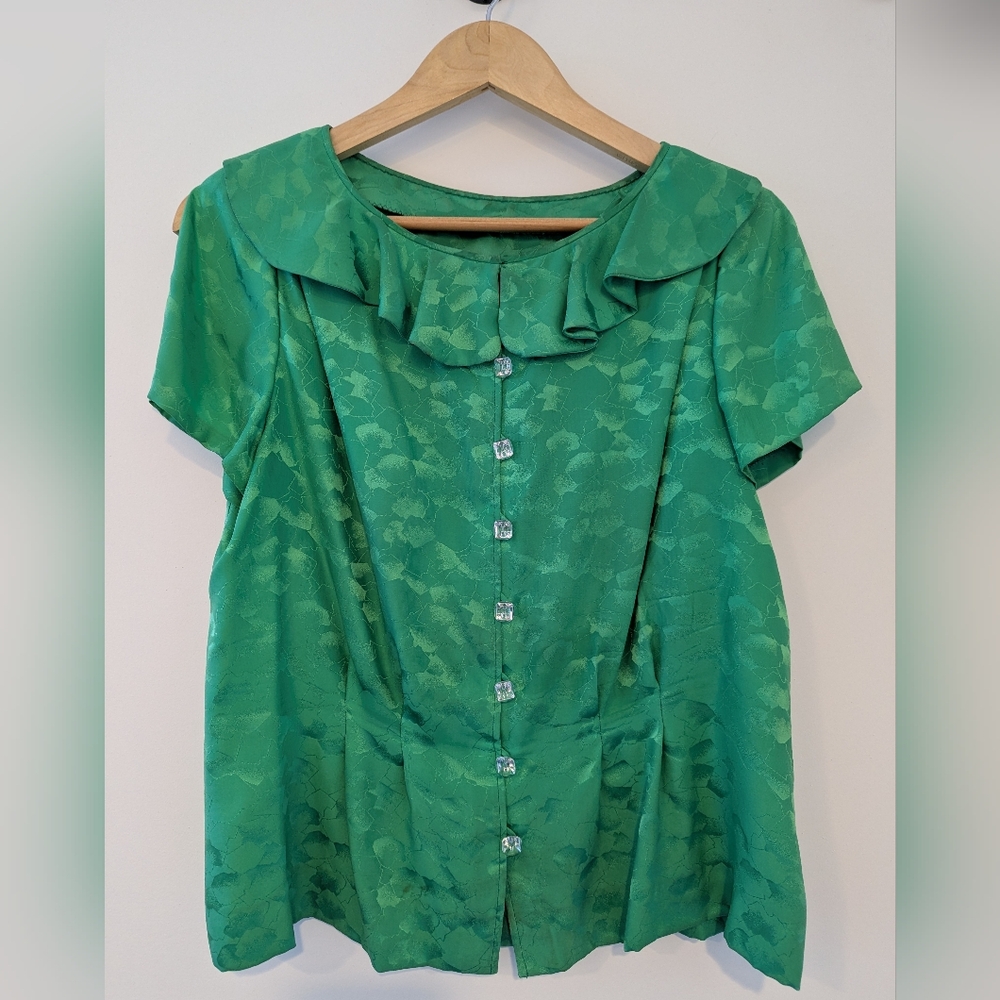 100% Silk Green Blouse, Vintage Handmade 1980s